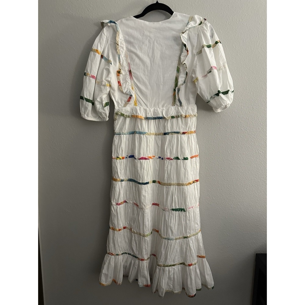 Farm Rio Mixed Print White Striped Midi Dress V-Neck Ruffle Puff Sleeves XS - Picture 6 of 8